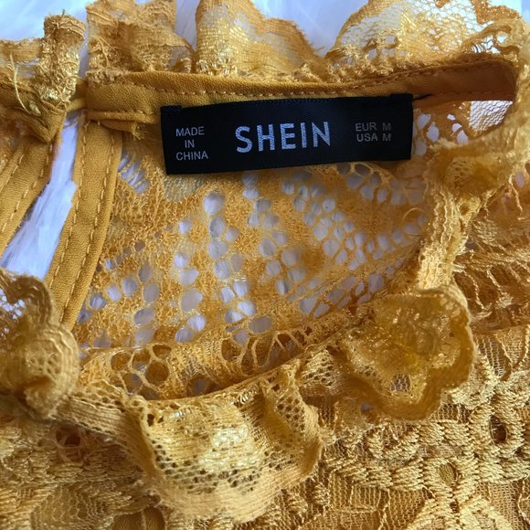 Mustard Yellow Blouse Lace Collar Accent - Picture 3 of 5